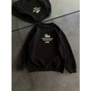 Kışlık Bisiklet Yaka Ön Ve Arka Baskılı Sweatshirt - Siyah