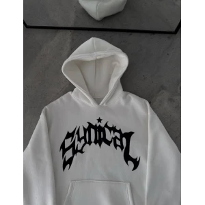 Kışlık Kapşonlu Baskılı Oversize Sweatshirt- Beyaz