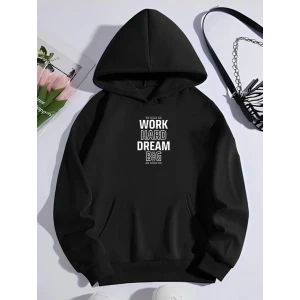 Kışlık Üç İplik Kapşonlu Sweatshirt - Siyah
