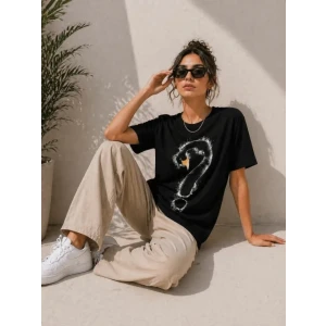 Kuğu Figürlü Soru İşareti Baskılı Tişört Kısa Kol T-shirt - Siyah