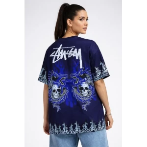 Lacivert Oversize Tişört Dragon - Kuru Kafa Baskılı Bisiklet Yaka T-shirt - Lacivert