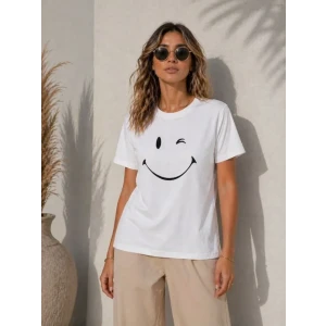 Minimal Gülümseyen Yüz Baskılı Tişört Kısa Kol Yazlık T-shirt - Beyaz