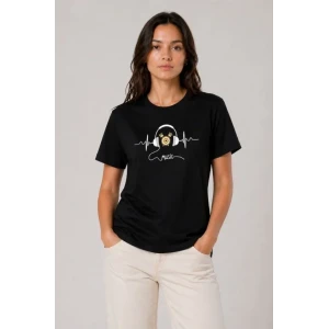 Müzik Temalı Baskılı Tişört Bisiklet Yaka Kısa Kol T-shirt - Siyah