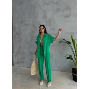 Omuz Midye Sıralı Bluz - Paça Pensli Pantolon Takım - Yeşil