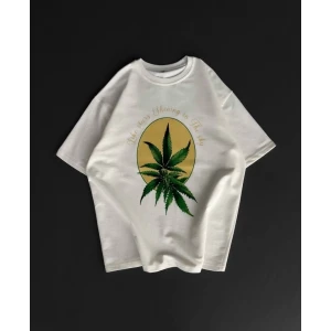 Ön Ve Arka Baskılı Oversize Bisiklet Yaka T-shirt- Beyaz