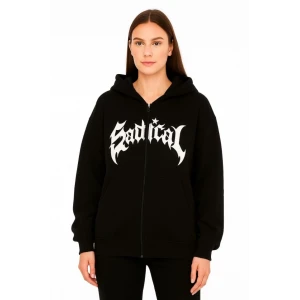 Oversize Kapüşonlu Sweatshirt  Hoodie 3 İplik Şardonlu Pamuklu Kumaş, Önü Baskılı, Fermuarlı Rahat Kalıp, Kışlık Ve Sokak Stili Sweat - Siyah