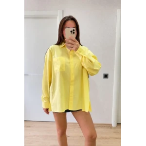 Oversize Pens Detaylı Cepli Yırtmaçlı Rahat Kalıp Poplin Gömlek - Sarı