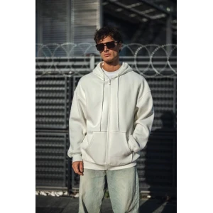 Oversize Tam Fermuarlı Uzun Kol Hırka - Beyaz