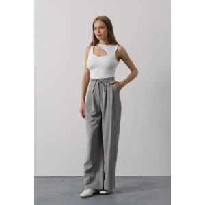 Pileli Bağcıklı Oversize Pantolon - Gri