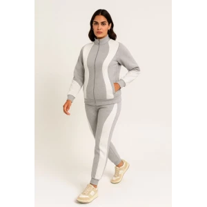 Premium Parçalı Eşofman Takım - Dik Yaka Fermuarlı Sweatshirt - Gri
