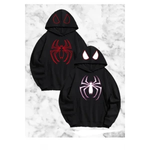 Sevgili Çift Kombini Örümcek Baskılı Kapüşonlu Sweatshirt Hoodie - Siyah