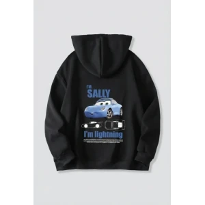 Sevgililer Günü Araba Temalı Baskılı Oversize Kapüşonlu Sweatshirt Hoodie - Siyah