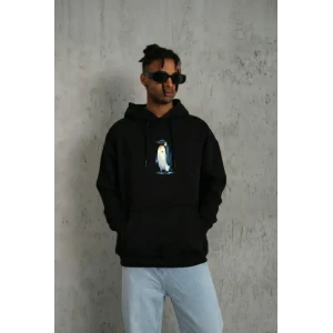 Siyah Oversize Hoodie - Sırt Baskılı Survivor Penguin Temalı, Felsefi Yazılı Kapüşonlu Sweatshirt - Siyah