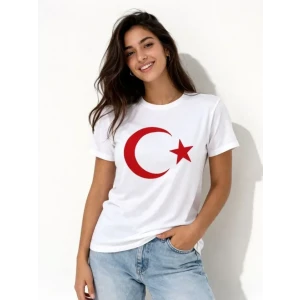 T-shirt Kısa Kol Bisiklet Yaka Ay Yıldız Bayrak Baskılı Tişört - Beyaz