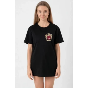 Türk Arma Baskılı Oversize Bisiklet Yaka Günlük T-shirt - Siyah