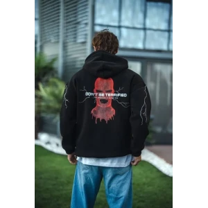 Üç İplik Kapüşonlu Baskılı Oversize Sweatshirt- Siyah