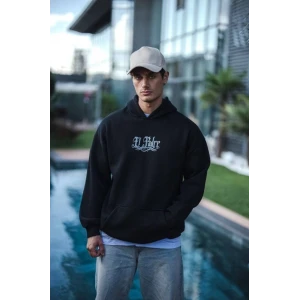 Üç İplik Penye Kapşonlu Baskılı Sweatshirt - Siyah
