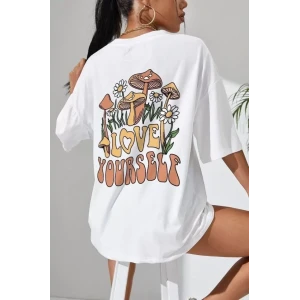 Unisex Baskılı Oversize T-shirt - Beyaz