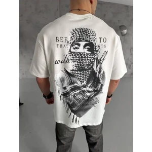 Unisex Baskılı Oversize T-shirt - Beyaz