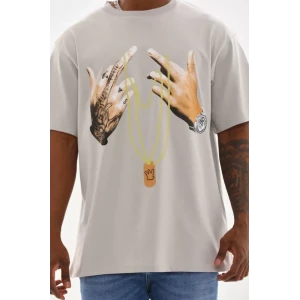 Unisex Baskılı Oversize T-shirt - Gri