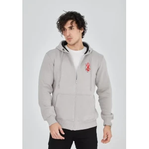 Unisex Baskılı Tam Fermuarlı Kapşonlu Sweatshirt - Boyalı Gri
