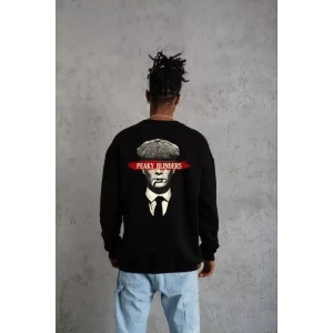 Unisex Bisiklet Yaka Baskılı Oversize Sweatshirt - Siyah