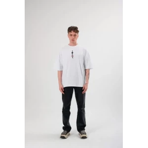 Unisex Bisiklet Yaka Baskılı Oversize T-shirt - Beyaz