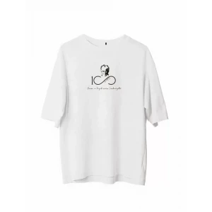 Unisex Bisiklet Yaka Baskılı Oversize T-shirt - Beyaz
