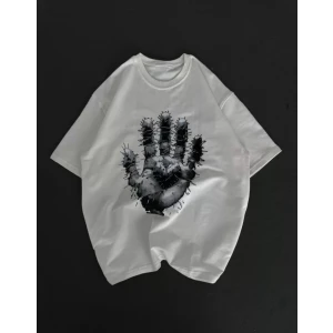 Unisex Bisiklet Yaka Baskılı Oversize T-shirt - Beyaz