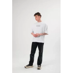 Unisex Bisiklet Yaka Baskılı Oversize T-shirt - Beyaz