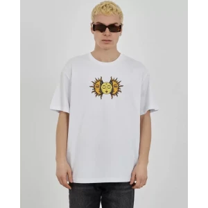 Unisex Bisiklet Yaka Baskılı Oversize T-shirt - Beyaz