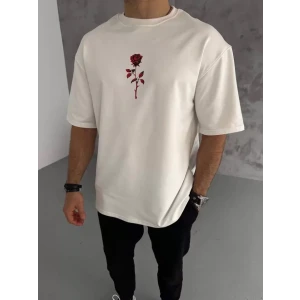 Unisex Bisiklet Yaka Baskılı Oversize T-shirt - Beyaz