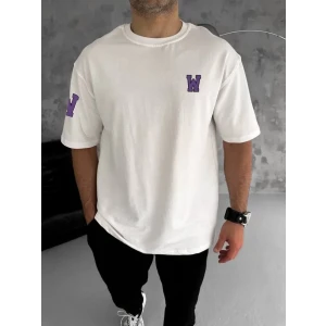 Unisex Bisiklet Yaka Baskılı Oversize T-shirt - Beyaz
