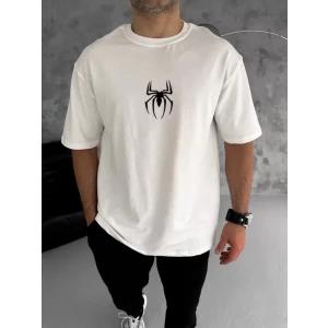 Unisex Bisiklet Yaka Baskılı Oversize T-Shirt - Beyaz