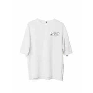 Unisex Bisiklet Yaka Baskılı Oversize T-shirt - Beyaz