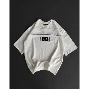 Unisex Bisiklet Yaka Baskılı Oversize T-shirt - Beyaz
