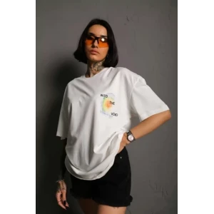 Unisex Bisiklet Yaka Baskılı Oversize T-shirt - Beyaz