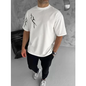 Unisex Bisiklet Yaka Baskılı Oversize T-shirt - Beyaz