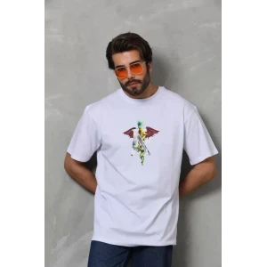 Unisex Bisiklet Yaka Baskılı Oversize T-shirt - Beyaz