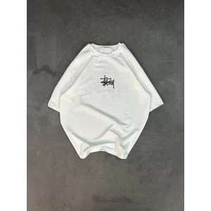 Unisex Bisiklet Yaka Baskılı Oversize T-shirt - Beyaz