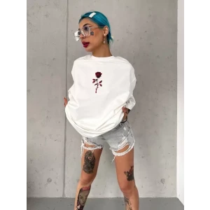 Unisex Bisiklet Yaka Baskılı Oversize T-shirt - Beyaz