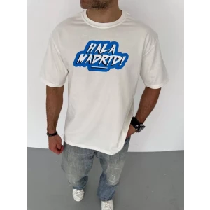 Unisex Bisiklet Yaka Baskılı Oversize T-shirt - Beyaz