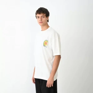 Unisex Bisiklet Yaka Baskılı Oversize T-shirt - Beyaz