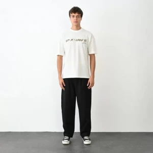 Unisex Bisiklet Yaka Baskılı Oversize T-shirt - Beyaz