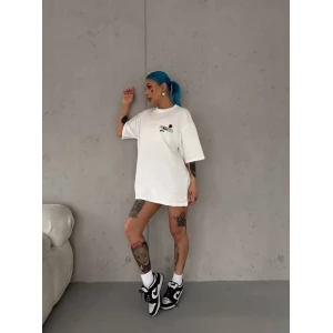 Unisex Bisiklet Yaka Baskılı Oversize T-shirt - Beyaz