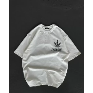 Unisex Bisiklet Yaka Baskılı Oversize T-shirt - Beyaz