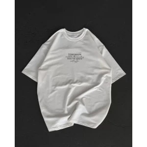 Unisex Bisiklet Yaka Baskılı Oversize T-shirt - Beyaz