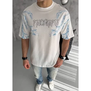 Unisex Bisiklet Yaka Baskılı Oversize T-shirt - Beyaz