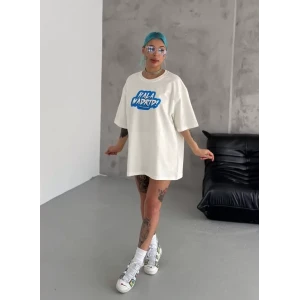 Unisex Bisiklet Yaka Baskılı Oversize T-shirt - Beyaz