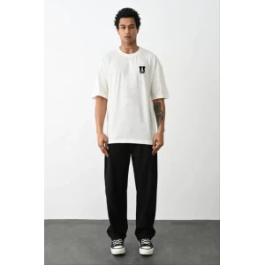Unisex Bisiklet Yaka Baskılı Oversize T-shirt - Beyaz